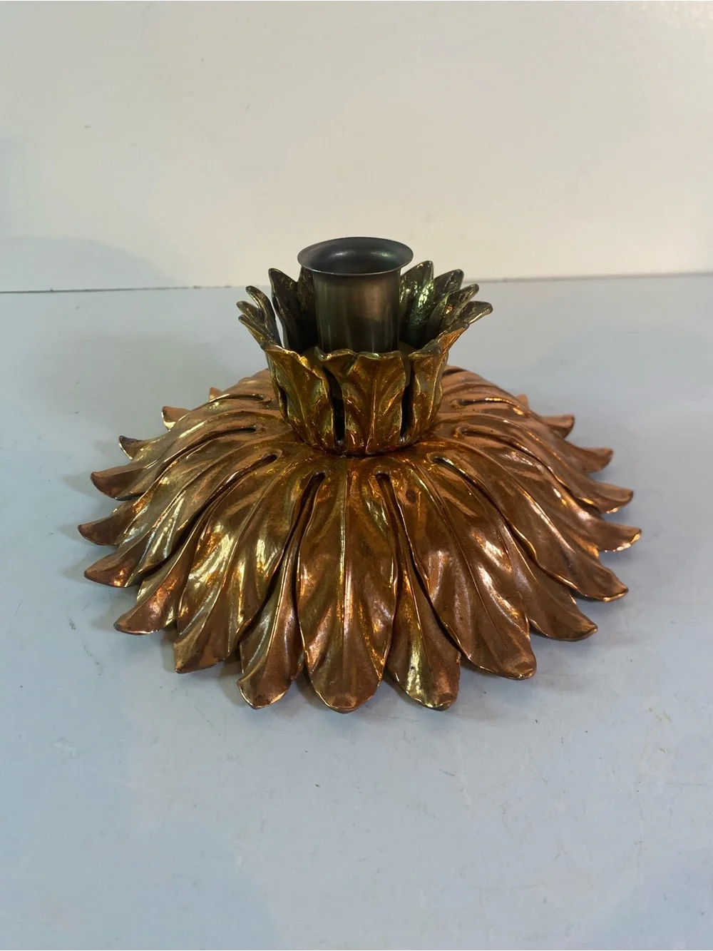 Vintage Heavy Brass Leaf Taper Candle Holder 6.5” Diameter